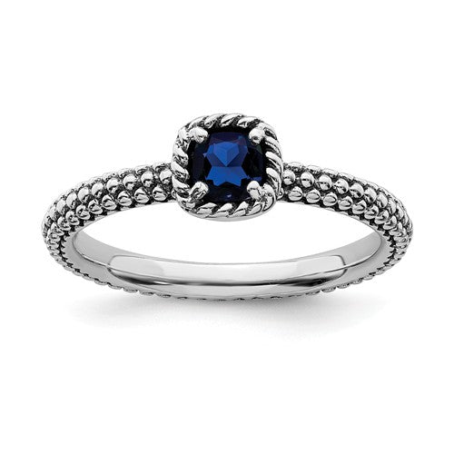 Sterling Silver Stackable Expressions Created Blue Sapphire Cushion Ring- Sparkle & Jade-SparkleAndJade.com 
