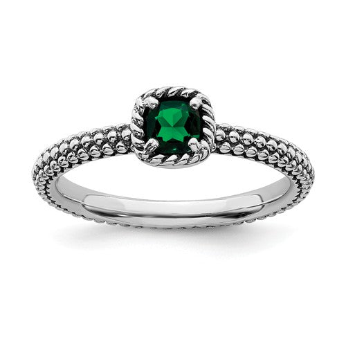 Sterling Silver Stackable Expressions Created Emerald Cushion Ring- Sparkle & Jade-SparkleAndJade.com 