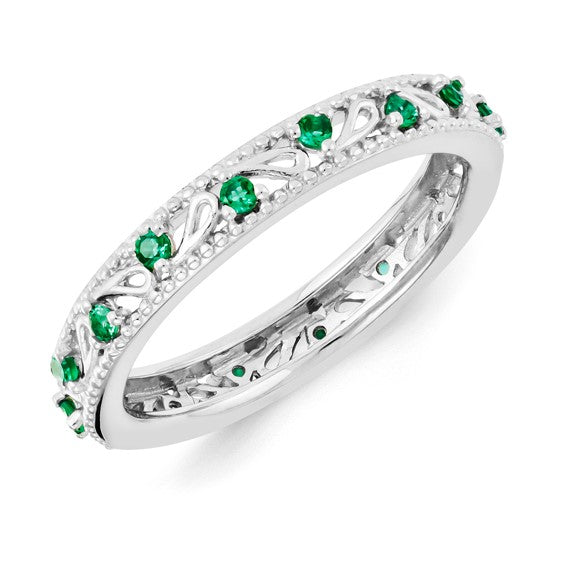 Sterling Silver Stackable Expressions Created Emerald Filigree Ring- Sparkle & Jade-SparkleAndJade.com 