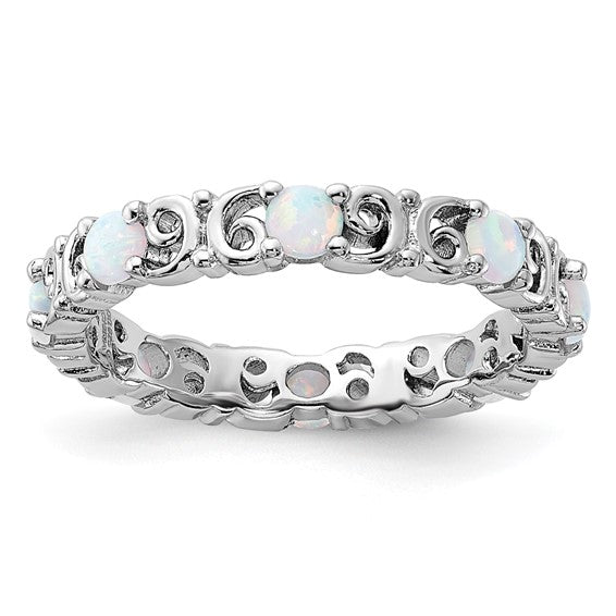 Sterling Silver Stackable Expressions Created Opal Carved Filigree Ring- Sparkle & Jade-SparkleAndJade.com 