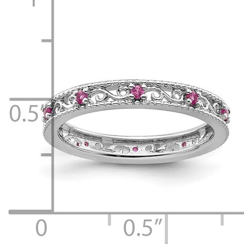 Sterling Silver Stackable Expressions Created Pink Sapphire Filigree Ring- Sparkle & Jade-SparkleAndJade.com 