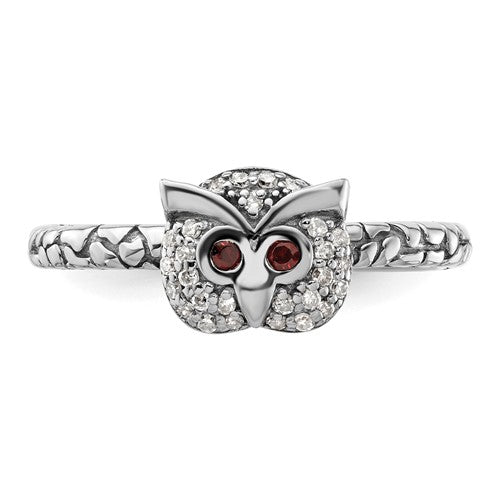Sterling Silver Stackable Expressions Garnet & Diamond Owl Ring- Sparkle & Jade-SparkleAndJade.com 