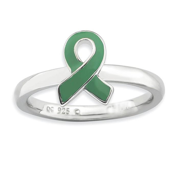 Sterling Silver Stackable Expressions Green Enameled Awareness Ribbon Ring- Sparkle & Jade-SparkleAndJade.com 