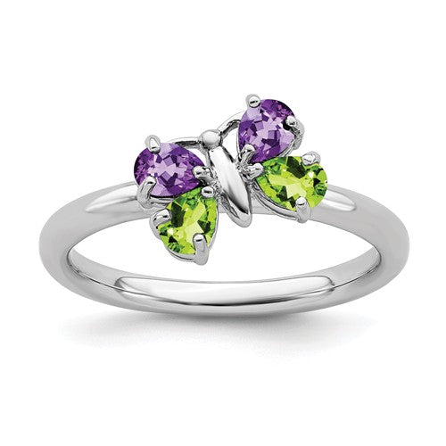 Sterling Silver Stackable Expressions Peridot and Amethyst Butterfly Ring- Sparkle & Jade-SparkleAndJade.com 