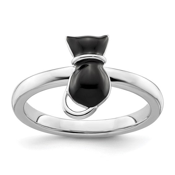 Sterling Silver Stackable Expressions Polished Black Enameled Cat Ring- Sparkle & Jade-SparkleAndJade.com 