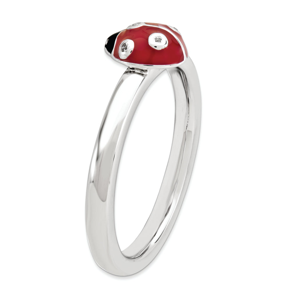 Sterling Silver Stackable Expressions Red & Black LadyBug Diamond Ring- Sparkle & Jade-SparkleAndJade.com 