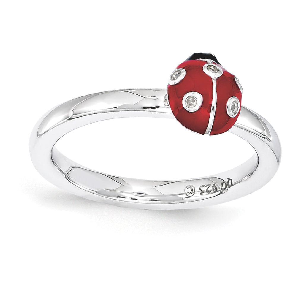 Sterling Silver Stackable Expressions Red & Black LadyBug Diamond Ring- Sparkle & Jade-SparkleAndJade.com 