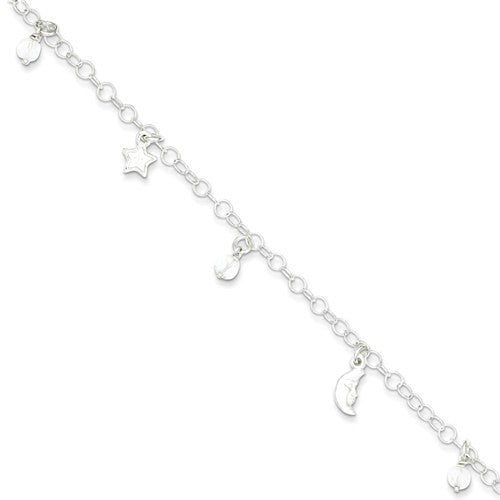 Sterling Silver Sun, Moon & Stars 9" Anklet With 1in Extender- Sparkle & Jade-SparkleAndJade.com QG2777-9