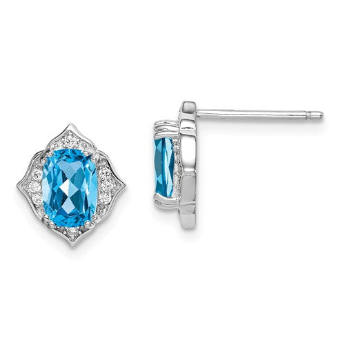 Sterling Silver Swiss Blue Topaz And White CZ Post Dangle Earrings- Sparkle & Jade-SparkleAndJade.com QE14373