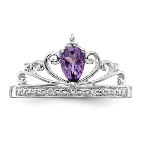 Sterling Silver Teardrop Pear Amethyst and Diamond Crown Ring- Sparkle & Jade-SparkleAndJade.com 