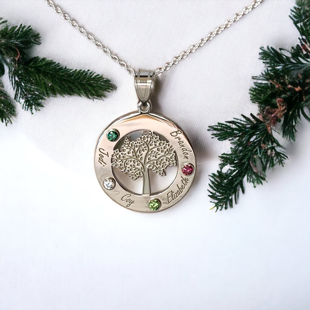 Sterling Silver Tree with Names Mother's Family Birthstone Pendant- Sparkle & Jade-SparkleAndJade.com 