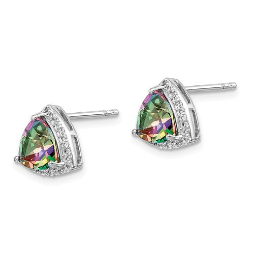 Sterling Silver Trillion Mystic Fire Rainbow Topaz & White Topaz Halo Earrings- Sparkle & Jade-SparkleAndJade.com QE14272