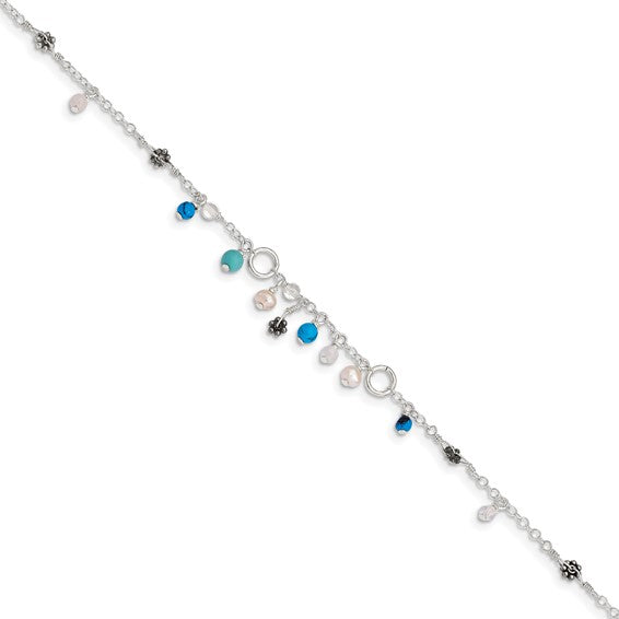 Sterling Silver Turquoise & Cultured Pearl Anklet- Sparkle & Jade-SparkleAndJade.com QG1392-9