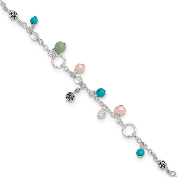 Sterling Silver Turquoise & Cultured Pearl Anklet- Sparkle & Jade-SparkleAndJade.com QG1392-9