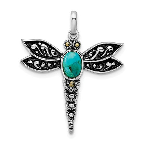 Sterling Silver Turquoise Marcasite Dragonfly Charm Pendant- Sparkle & Jade-SparkleAndJade.com QP5011