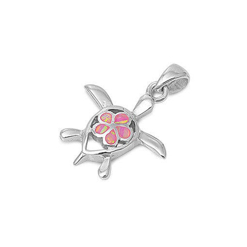 Sterling Silver Turtle Pendant with Pink Opal Plumeria Center- Sparkle & Jade-SparkleAndJade.com A-PL350587-PO