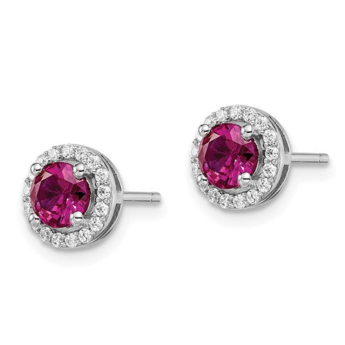Sterling Silver White CZ & Created Ruby Brilliant Embers Halo Earrings- Sparkle & Jade-SparkleAndJade.com QMP1342