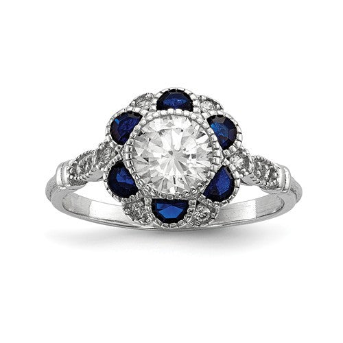 Sterling Silver White CZ & Blue Sapphire Flower Ring