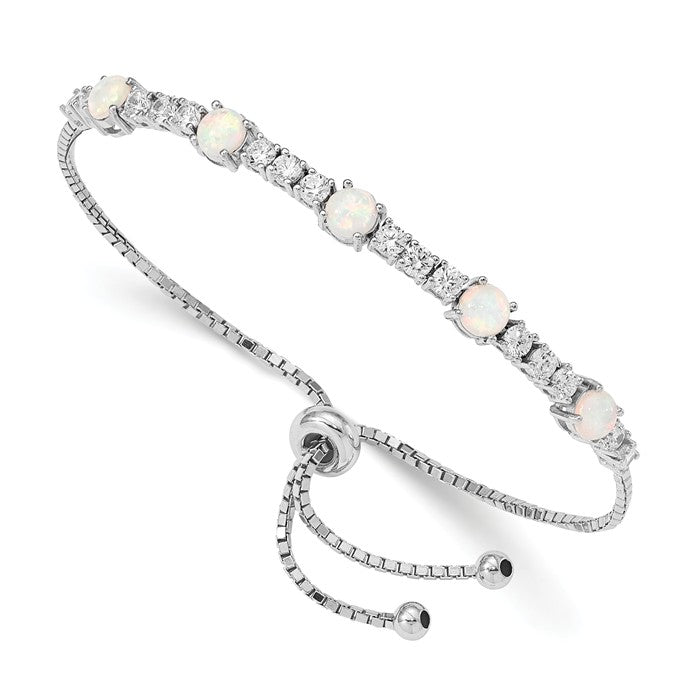 Sterling Silver White Created Opal And CZ Adjustable Bolo Bracelet- Sparkle & Jade-SparkleAndJade.com QG4776