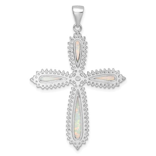 Sterling Silver White Created Opal Beaded Border Cross Pendant- Sparkle & Jade-SparkleAndJade.com QC11163