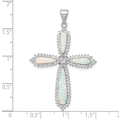 Sterling Silver White Created Opal Beaded Border Cross Pendant- Sparkle & Jade-SparkleAndJade.com QC11163