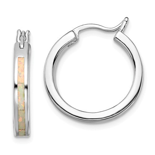 Sterling Silver White Created Opal Inlay Hoop Earrings- Sparkle & Jade-SparkleAndJade.com QE14045