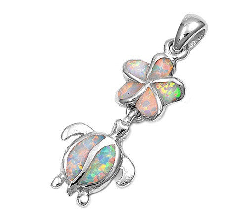 Sterling Silver White Created Opal Inlay Plumeria & Turtle Pendant- Sparkle & Jade-SparkleAndJade.com A-PL-350130
