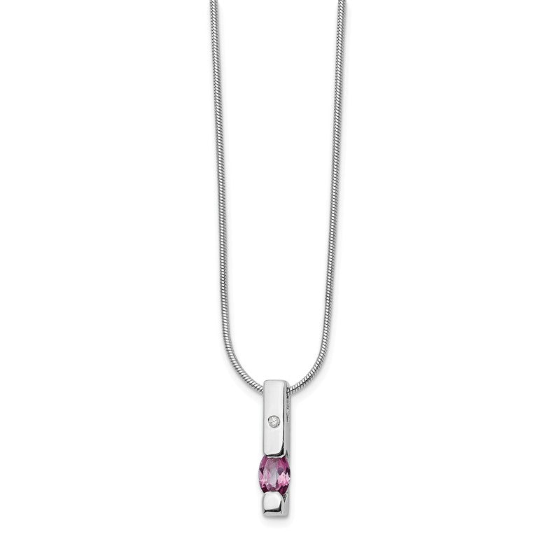 Sterling Silver White Ice .02ct. Diamond And Pink Tourmaline Vertical Bar Necklace- Sparkle & Jade-SparkleAndJade.com QW209-18