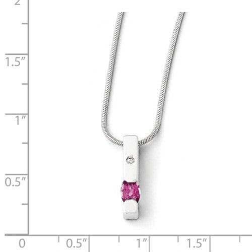 Sterling Silver White Ice .02ct. Diamond And Pink Tourmaline Vertical Bar Necklace- Sparkle & Jade-SparkleAndJade.com QW209-18
