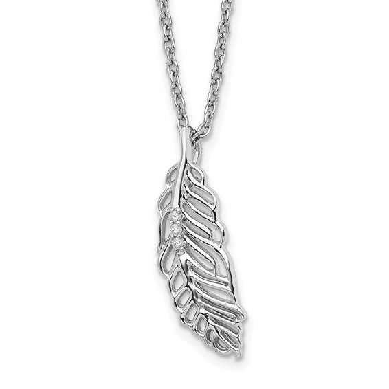 Sterling Silver White Ice .02ct. Diamond Feather Necklace- Sparkle & Jade-SparkleAndJade.com QW404-18