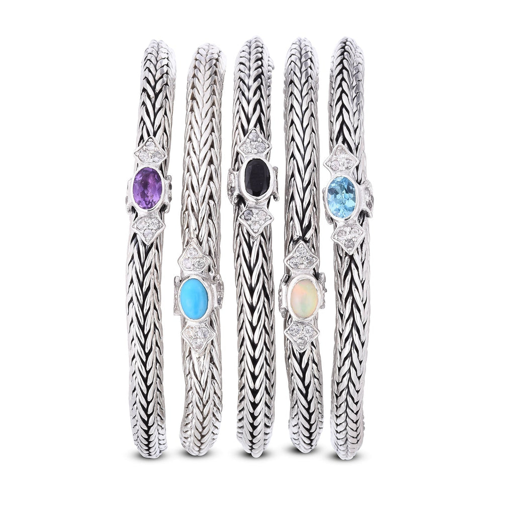 Sterling Silver Woven Chain Four Points Bracelet with White Sapphires- Sparkle & Jade-SparkleAndJade.com 