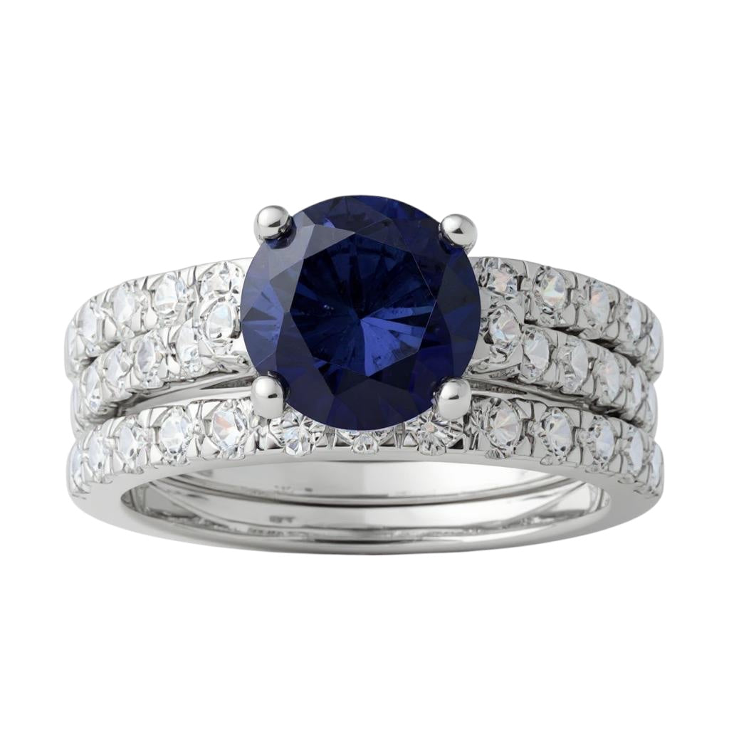 Sterling Silver 3-Piece Blue CZ 8mm Round Wedding Ring Set- Sparkle & Jade-SparkleAndJade.com 