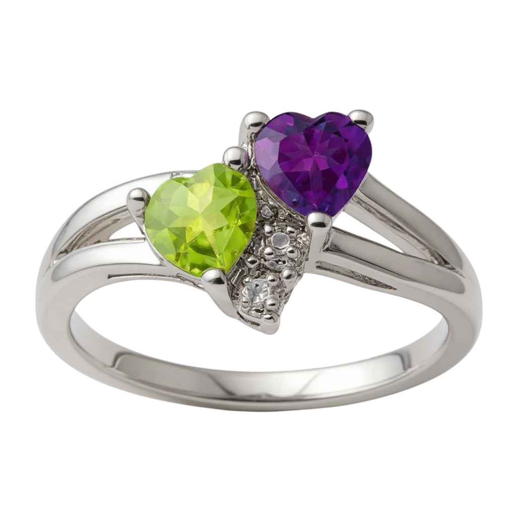 Sterling Silver Amethyst Peridot Double Heart and Diamond Accent Ring- Sparkle & Jade-SparkleAndJade.com 