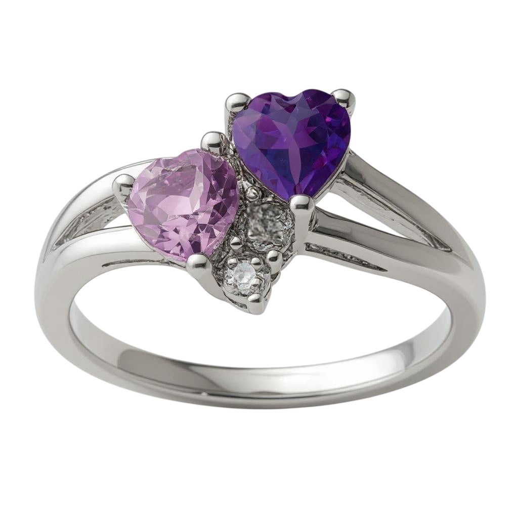 Sterling Silver Amethyst & Pink Quartz & Diamond Double Heart Ring- Sparkle & Jade-SparkleAndJade.com 