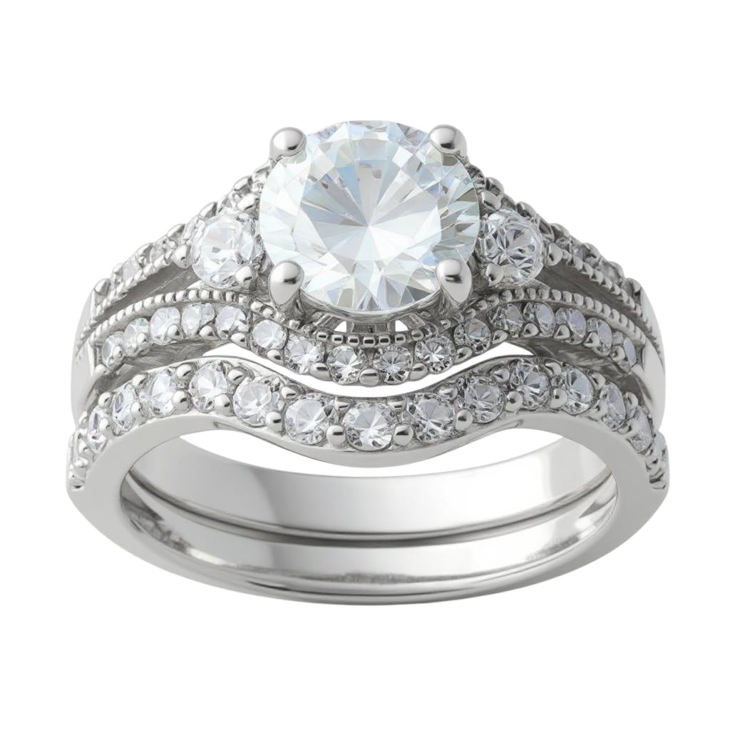 Sterling Silver CZ Engagement Ring and Band Set- Sparkle & Jade-SparkleAndJade.com 