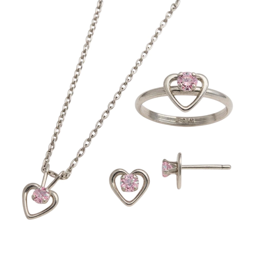 Sterling Silver Children's Pink CZ 15" Necklace, Earrings & Ring Set- Sparkle & Jade-SparkleAndJade.com 