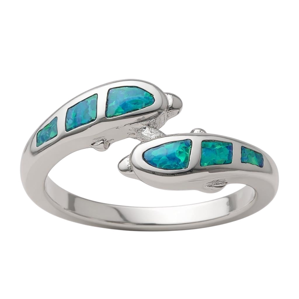 Sterling Silver Created Blue Opal Dolphins Ring- Sparkle & Jade-SparkleAndJade.com 