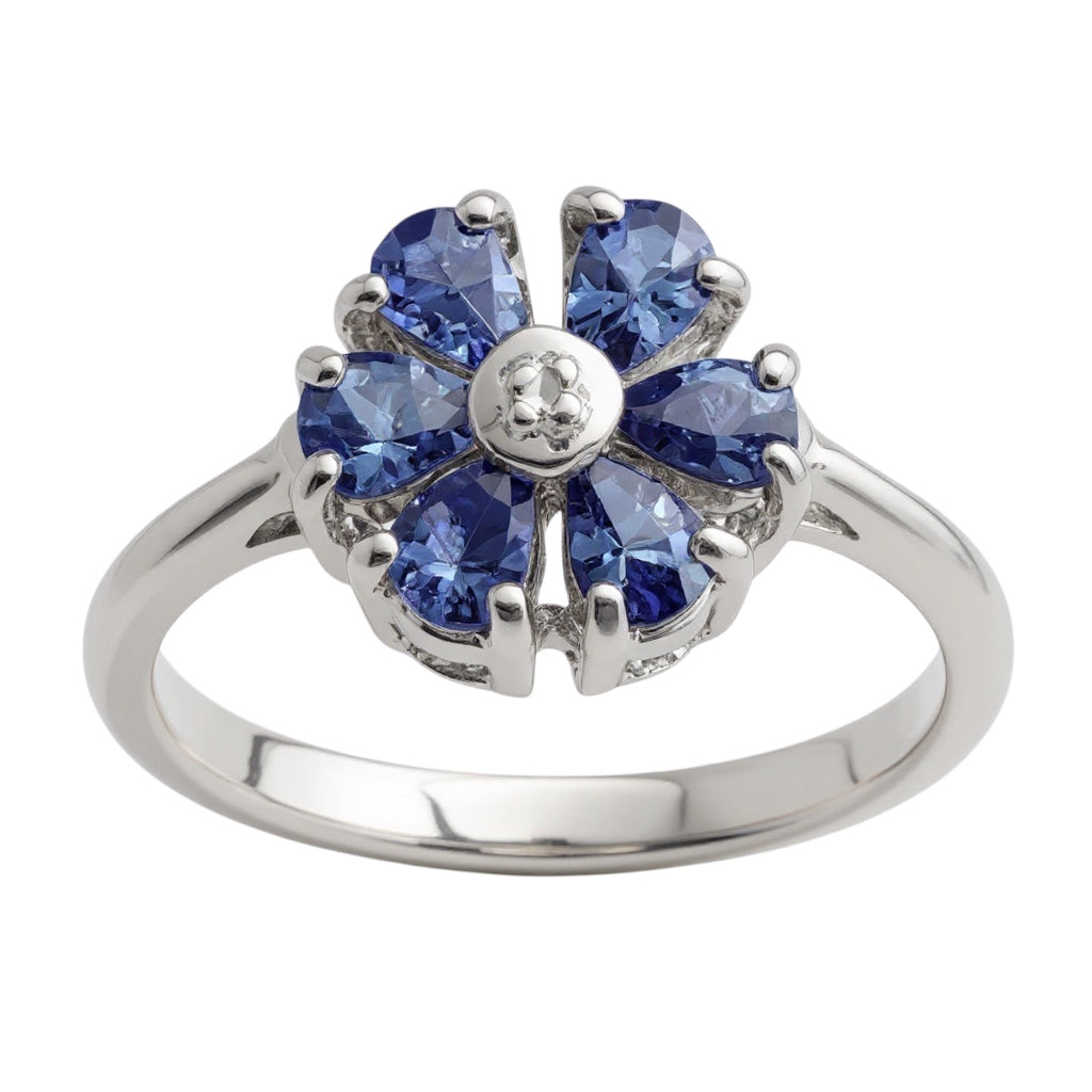 Sterling Silver Genuine Tanzanite And Diamond Flower Ring- Sparkle & Jade-SparkleAndJade.com 