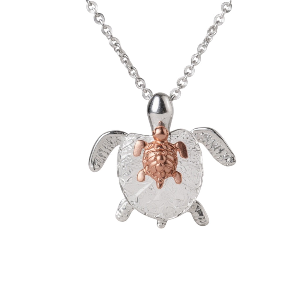 Sterling Silver Movable Mother & Rose Gold Baby Turtle Pendant- Sparkle & Jade-SparkleAndJade.com 