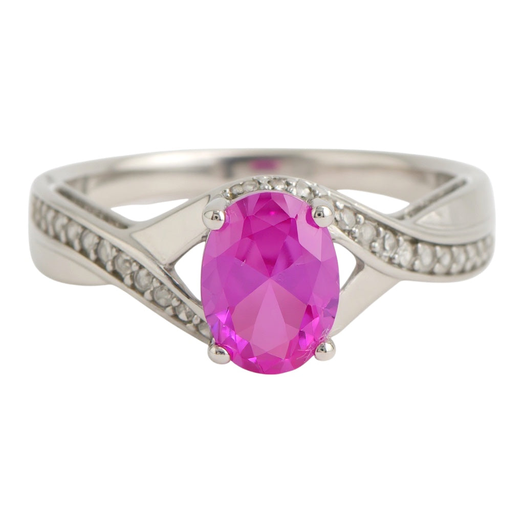 Sterling Silver Oval Lab-Created Pink Sapphire and Diamond Ring- Sparkle & Jade-SparkleAndJade.com 