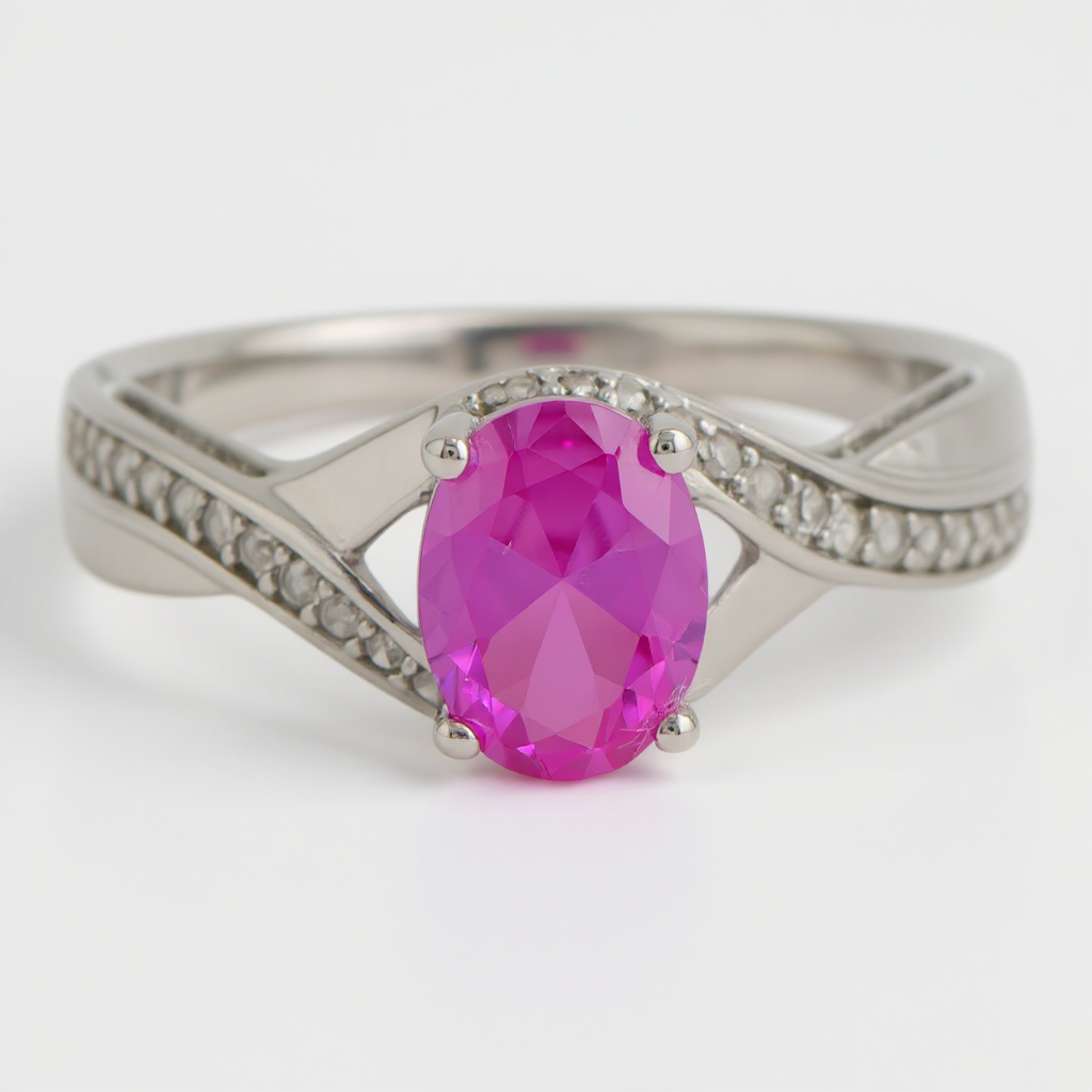 Sterling Silver Oval Lab-Created Pink Sapphire and Diamond Ring- Sparkle & Jade-SparkleAndJade.com 