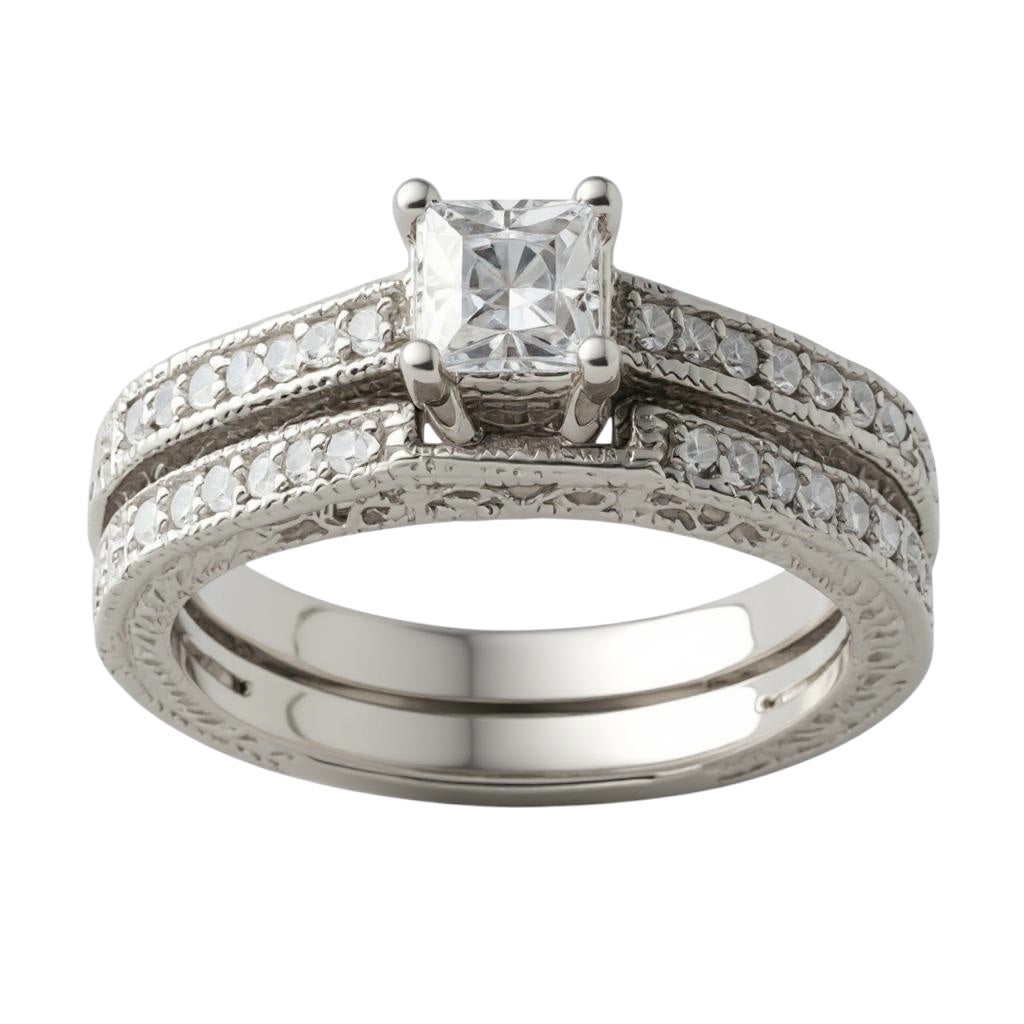 Sterling Silver Princess Cut 2-Piece CZ Wedding Set Ring, image size:1024x1024