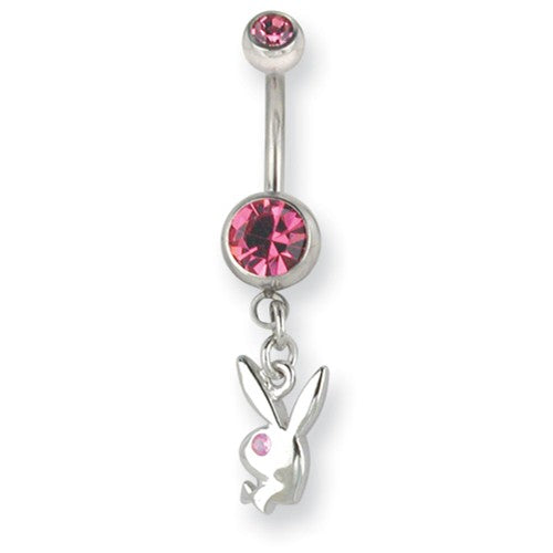 Surgical Stainless Steel Rose Pink Crystal Playboy Bunny 14g Belly Naval Ring- Sparkle & Jade-SparkleAndJade.com PBB121