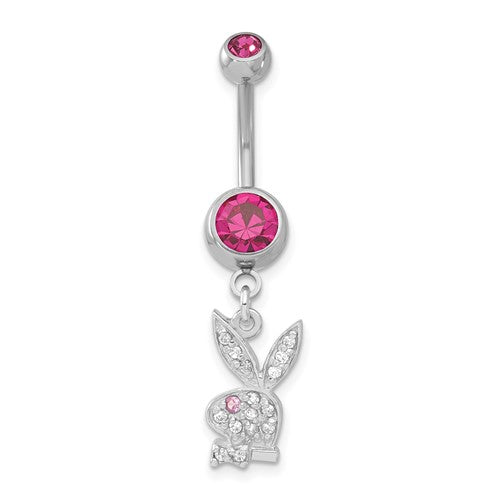 Surgical Stainless Steel Rose Pink & White Crystal Playboy Bunny 14g Belly Naval Ring- Sparkle & Jade-SparkleAndJade.com PBB122