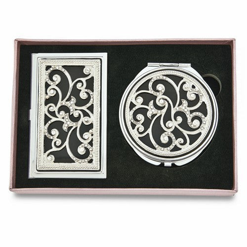 Swirl Crystal and Black Enamel Card Case And Mirror Gift Set- Sparkle & Jade-SparkleAndJade.com GM16940