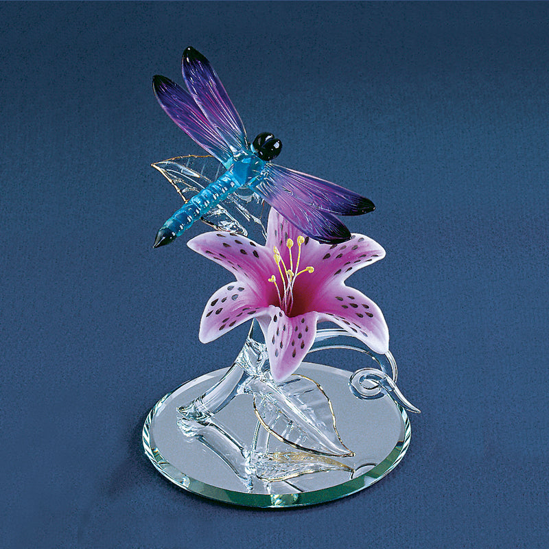 Glass Baron Dragonfly on Porcelain Lily Figurine with Mirror Base- Sparkle & Jade-SparkleAndJade.com T5 341