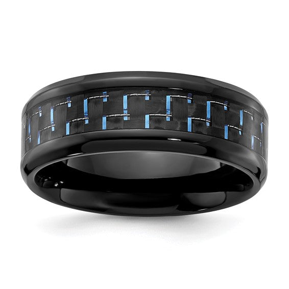 Black Titanium Polished with Black and Blue Carbon Fiber Inlay 8mm Band- Sparkle & Jade-SparkleAndJade.com 