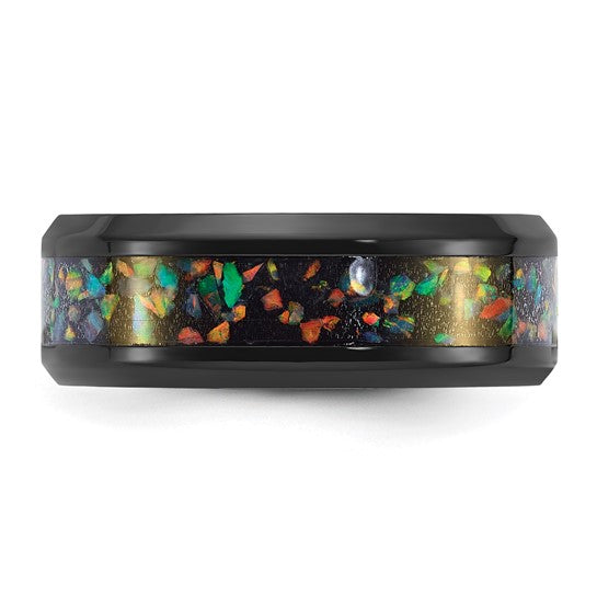 Titanium Black IP-plated Multi-color Opal Inlay 8mm Band- Sparkle & Jade-SparkleAndJade.com 