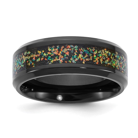 Titanium Black IP-plated Multi-color Opal Inlay 8mm Band- Sparkle & Jade-SparkleAndJade.com 