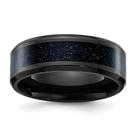 Titanium Polished Black IP-plated with Blue Star Sandstone Inlay Center 8mm Band- Sparkle & Jade-SparkleAndJade.com 